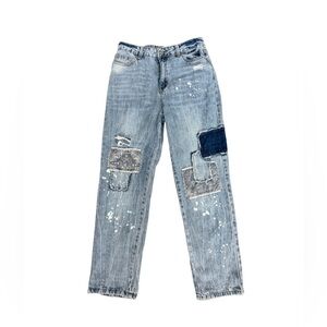 Easel Distressed Denim Jeans with Patchwork Detail | Medium